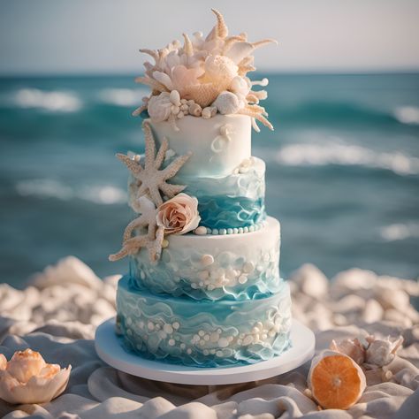 Fancy Wedding Cake Under The Sea Wedding Cake, Ocean Blue Wedding Theme, Wedding Cakes Beach, Beach Marriage, Ocean Wedding Cake, Coastal Wedding Cake, Debut Cake, Beach Birthday Cake, Beach Theme Wedding Cakes