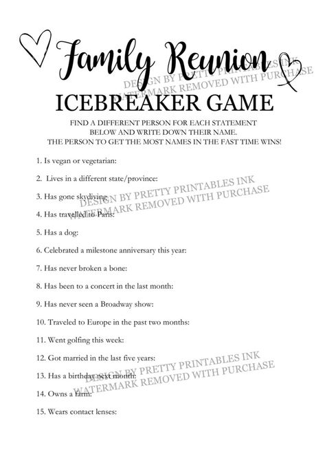 Family Reunion Game Printable Family Reunion Icebreaker Game - Etsy Family Reunion Scavenger Hunt, Family Reunion Banquet, Find Someone Who Game, Family Reunion Activities, Fall Bridal Shower Invites, Reunion Games, Family Reunion Games, Family Reunion Planning, Icebreaker Activities