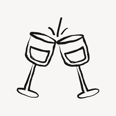 Wine Doodle Art, Wine Drawing Easy, Wine Line Drawing, Wine Glasses Drawing, Alcohol Doodles, Wine Glass Doodle, Tenerife Tattoo, Cheers Drawing, Wine Glass Sketch