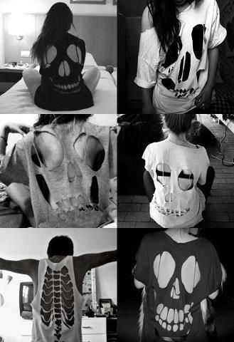 skull http://abeautifulmess.hubpages.com/hub/10-DIY-Ways-to-Make-a-Cut-Shirt Skull Cutout Shirt Diy, Skull Cut Out Shirt, Diy Band Tee, Diy Goth Clothes, Cut Tshirt Diy, Style Help, Diy Skulls, Cutout Shirts, Crazy Mind