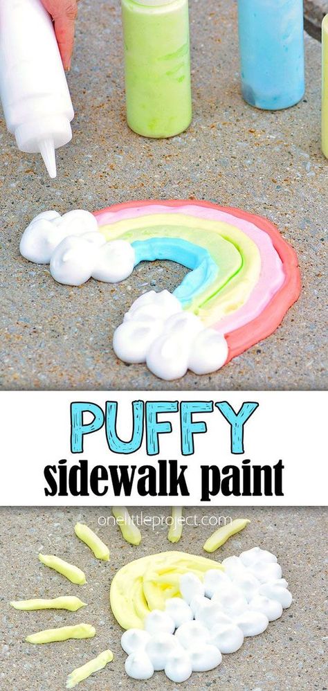 Kids Outdoor Crafts Diy Projects, Outdoor Kids Crafts Summer, Foam Chalk Paint, Outdoor Art Activities For Kids, Diy Summer Fun For Kids, Summertime Toddler Crafts, Sidewalk Puffy Paint Recipe, Diy Chalk Paint For Kids, Shaving Cream Painting Toddlers