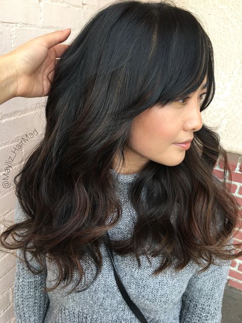 Partial Highlights For Dark Hair Black, Milk Tea Highlights On Black Hair, Baby Lights Black Hair, Dark Chocolate Balayage Black Hair, Baby Lights On Dark Hair, Baby Lights Balayage, Light Black Hair, Balayage Black, Espresso Hair Color