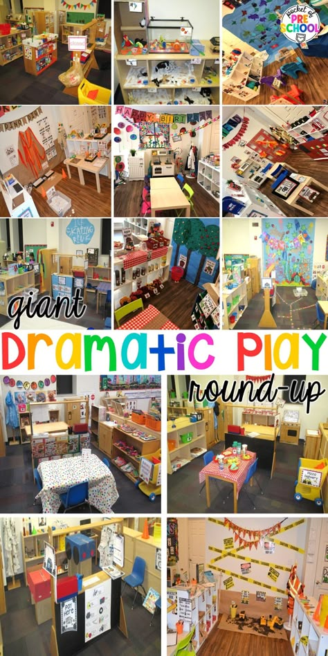 Check out this giant dramatic play round-up of my favorite pretend center ideas for preschool, pre-k, and kindergarten. Pre K Dramatic Play Center, Dramatic Play Activity For Preschoolers, Preschool Activity Themes, Pretend Center Preschool, Pretend Play Area Preschool, Pretend Play Kindergarten, Pocket Of Preschool Dramatic Play, Dramatic Play Decorating Ideas, Ideas For Centers In Preschool