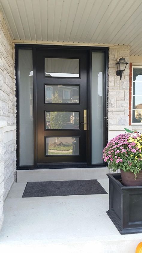 Modern Exterior Door with Multi Point Locks-4 Door lites and 2 Side Lites installed in Toronto By Modern Doors Modern Exterior Door, Black Front Door, Split Entry, Modern Entrance Door, Hall Ideas, Kerb Appeal, Modern Exterior Doors, Contemporary Front Doors, Dream Farmhouse