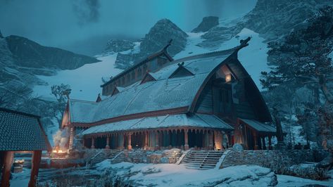 Nordic Village Art, Fantasy Nordic City, Viking House Concept Art, Viking Village Concept Art, Viking City, Viking Houses, Viking Architecture, Valheim Builds, Nordic Village