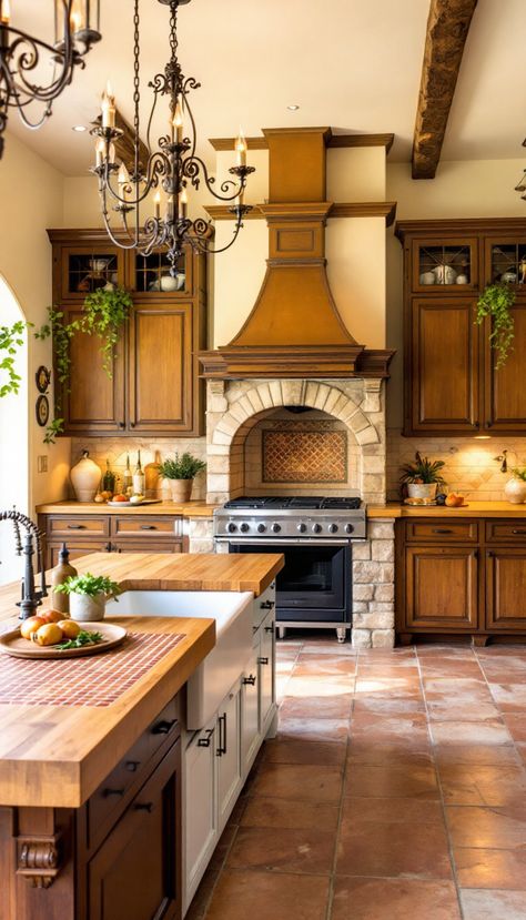 Step into a sun-drenched kitchen reminiscent of the Italian coast, where rustic elegance meets culinary brilliance. This design features a focal stone pizza oven and a communal farmhouse table, basking in the golden glow of sunset light. Large, floor-to-ceiling windows open up to breathtaking views of the rolling Tuscan hills, while vintage iron chandeliers provide a cozy ambiance. Experience the warmth and charm of Tuscany in this captivating kitchen, designed to inspire and delight. Tudor Style Home Kitchen, Spanish Ranch Style Homes Kitchen, Italian Country Kitchen Tuscany, Italian Style Kitchen Decor, Tuscan Home Remodel, Mediterranean Style Kitchen Tuscan Decor, Italian Villa Aesthetic Kitchen, Italian House Interior Tuscany, Italian Aesthetic Kitchen