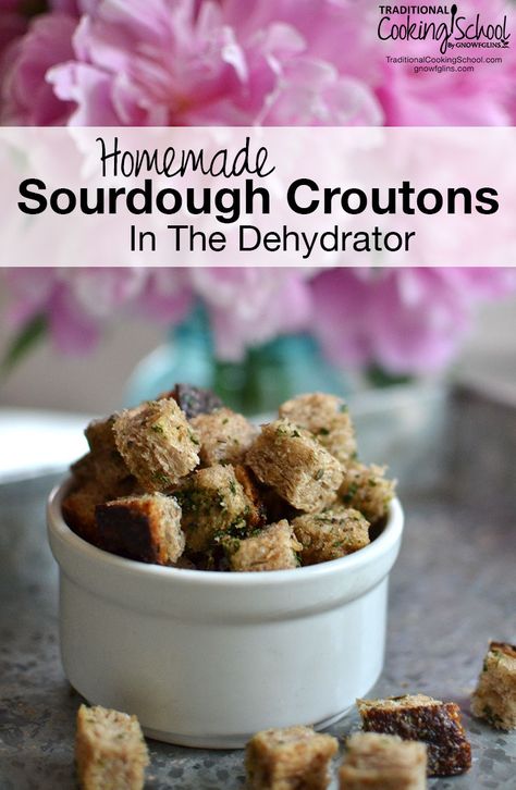 Homemade Sourdough Croutons In The Dehydrator | Must. Have. Croutons... It may seem silly -- and even slightly picky -- of me, but I just can't eat a salad without them! Making these sourdough croutons in the dehydrator couldn't be easier! | TraditionalCookingSchool.com Dehydrating Potatoes, Sourdough Goodies, Sourdough Croutons, Best Food Dehydrator, Sourdough Breads, Food For Beginners, Dehydrating Recipes, Thm Snacks, Homemade Jerky