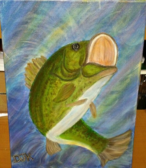 Acrylic bass fish. Bass Fish Painting, Fish Oil Painting, Cute Easy Paintings, Painting Fish, Geisha Art, Bass Fish, Small Canvas Art, Fish Painting, Small Canvas