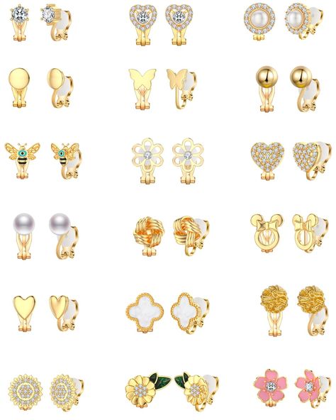 PRICES MAY VARY. 【WOMEN CLIP ON EARRINGS SET】:Get ready to fall in love with these adorable clip on earrings! We've got 18 pairs of gold clip on earrings for women. And the clip earrings feature different designs, like CZ, love knot, faux pearl, heart, butterfly, flower, clover, mouse, bee, ball and more, which are very popular with women alike. 【HYPOALLERGENIC MATERIAL】:Our clip on earrings women are made of environmental alloy, adorned with sparkling rhinestones or simulated pearls, and plated Clip On Earrings Aesthetic, Non Pierced Earrings, Preppy Jewelry, Heart Butterfly, Earrings Aesthetic, Vintage Clip On Earrings, Cord Jewelry, Pearl Heart, Heart Flower