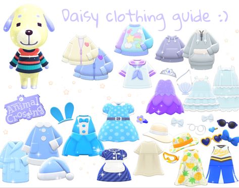 daisy clothing guide :) Daisy Acnh, Daisy Animal Crossing, Gift Guide Acnh, Pink Grandmacore, Villager Clothes, Daisy Clothing, Cottagecore Animal Crossing, Acnh Villagers, Animal Crossing Pc