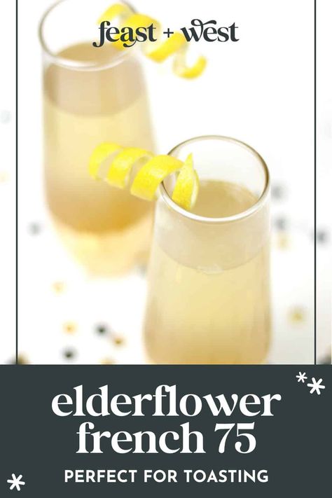 Say cheers to the new year with an Elderflower French 75! It's a floral take on the classic champagne cocktail with lemon, gin and elderflower liqueur. Elderflower French 75 Cocktail, Elderflower Lemonade Cocktail, Champagne Elderflower Cocktail, Fall French 75 Cocktail, Elderflower Champagne Recipe, Elderflower Drink, Elderflower Champagne, Strawberry Martini, Elderflower Cocktail