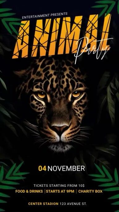 Design created with PosterMyWall Wildlife Poster Design, Jungle Poster Design, Animal Magazine Cover, Jungle Party Flyer, Jungle Theme Poster, Leopard Party, Animal Party Theme, Jungle Party, Free Instagram