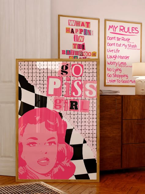 Pink Funky Bathroom Print|Go Piss Girl Funny Girly Bathroom Print|Maximalist Decor|Funny Y2k Bathroom Printable|Preppy Trendy Wall Decor by Infinityvelour on Etsy Y2k Bathroom, Pink Vintage Bathroom, Pink Preppy Aesthetic, Hot Pink Bathroom, Bathroom Decor Art, Hot Pink Throw Pillows, Wall Art Y2k, Funky Bathroom, College Bathroom