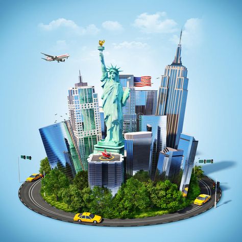 America. Famous symbols of New York city. Traveling to America , #ad, #symbols, #Famous, #America, #Traveling, #city #ad Travel Advertising Design, Social Media Images Design, America Images, America City, Travel Advertising, Food Poster Design, Boss Gift, Pinturas Disney, Creative Posters