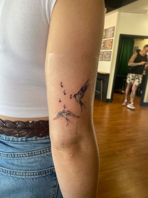 Hope Is The Thing With Feathers Tattoo, Birds Tattoos For Women, Jaybird Tattoo, Bird Tattoo Leg, Granola Girl Tattoo Ideas, Wild Geese Tattoo, Noah Kahn Tatoos, Mary Oliver Tattoo, Mixed Tattoo Styles