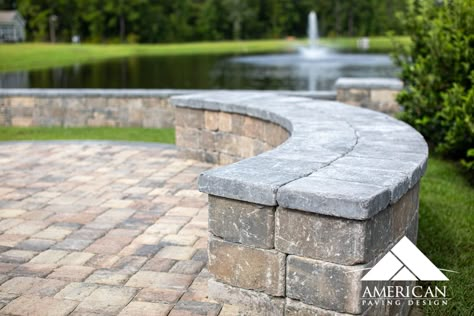 Round Retaining Wall, Paver Bench Seating Areas, Paver Seating Area, Patio With Built In Seating, Concrete Patio Seating, Retaining Wall Sitting Area, Stone Seating Outdoor, Paver Walls Ideas, Retaining Wall Seat