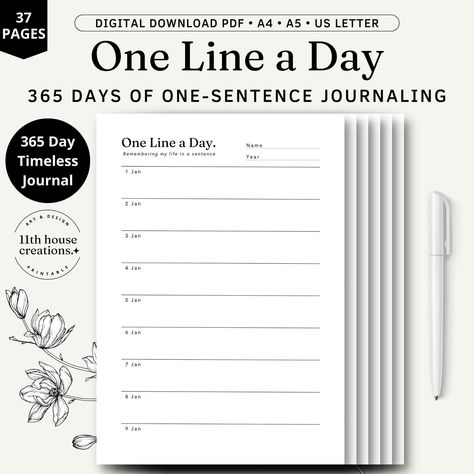 One Line A Day Journal, 365 Days One Sentence Journal Digital Download, Printable Journal A4/Letter Instant Download One Sentence A Day Journal Ideas, One Sentence A Day Journal, One Sentence A Day, One Line A Day Journal, Line A Day Journal, One Line A Day, A4 Journal, Day Journal, Interesting Facts About Yourself