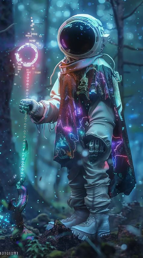 The image is of an astronaut in a forest. The astronaut is wearing a white spacesuit with a blue and purple visor ->> more details in ai-img-gen.com Holding Staff, Glowing Orb, Art Spatial, Astronaut Wallpaper, Astronaut Art, The Astronaut, Blue Plants, Cyberpunk Aesthetic, Cyberpunk City