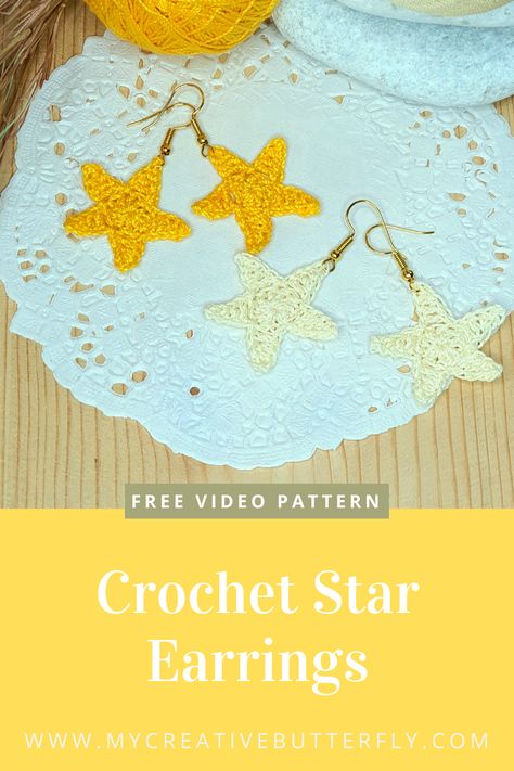 Crochet Star Earrings, Jewellery Patterns, Crochet Jewellery, Crochet Star, Crochet Classes, Crochet Jewelry Patterns, Crochet Stars, Crochet Videos Tutorials, Crochet Creations