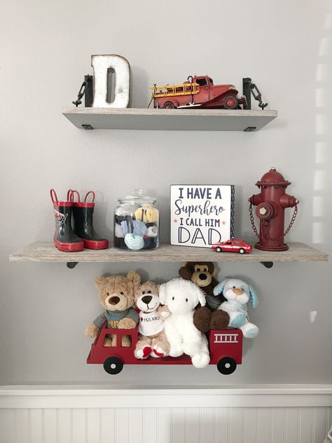 Firefighter Nursery Ideas, Vintage Fire Truck Nursery, Firefighter Bedroom Ideas Kids, Firefighter Nursery Baby Boy, Hobby Lobby Nursery Decor, Boy Themed Nursery, Hobby Lobby Nursery, Fireman Nursery, Firefighter Nursery