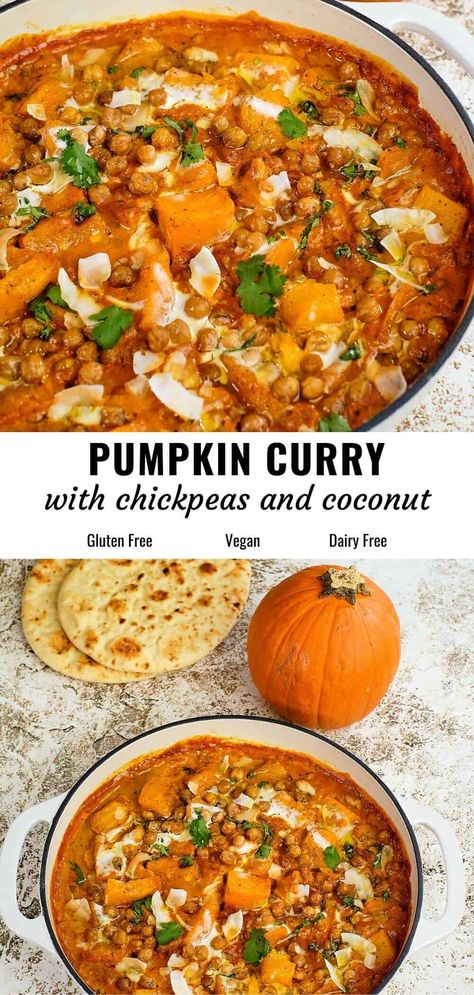 In this irresistible Pumpkin Curry – roasted pumpkin meets butter chicken-style coconut sauce, crowned with crunchy roasted chickpeas. The blend of sweet, savory, and spice in a creamy richness makes it a perfect comfort food. Serve with rice or flatbread for a delightful, holiday-worthy meal. #pumpkincurry#coconutcurry #chickpeacurry Healthy Pumpkin Curry, Red Lentil Pumpkin Curry, Fall Meal Vegetarian, Autumn Main Dishes, Vegan Pumpkin Soup With Canned Pumpkin, Pumpkin Curry Instant Pot, Indian Pumpkin Soup, Kombucha Squash Curry, Spiced Chickpea Stew With Coconut