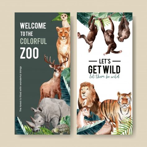 Zoo Flyer, Zoo Poster Design, Tiger Watercolor, Ebook Template Design, Autumn Illustration, Cartoon Panda, Magazines For Kids, Lion Tiger, Tree Illustration