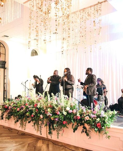 Fresh Cut Wendy + Julia Putt on Instagram: "A floral stage runner is the perfect way to enhance the party 🕺 . . . #color #coloredflowers #southernbride #southernwedding#happyday #weddingday #inlove #love #weddingflowers #weddinginspo #southernstyle #bridalbouquet #justmarried #eventdesign #weddingdesign #prettythings #details #flowers #decor #weddingdesign #eventdesign #entrancedecor #receptiondecor #weddingdecor #eventrenrals #bridalbouquet #receptionflowers #receptiondecor" Stage Flowers, Church Stage Decor, Band Stage, Pastel Wedding Theme, Church Altar, Church Stage, Southern Bride, Reception Flowers, Flowers Decor