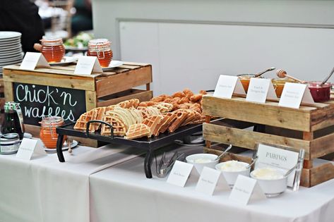 wedding-food-station-catering-ideas-chicken-and-waffles-with-pairings-herb-butter-honey-jams Chicken And Waffle Station, Chicken And Waffles Bar, Chicken And Waffles Wedding, Breakfast For Dinner Wedding, Brunch Wedding Food, Faerie Witch, Baiting Suits, Courthouse Ceremony, Girl Brunch