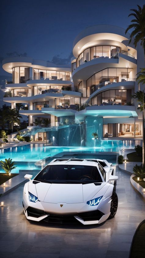 Luxury Driveway, Futuristic Mansion, Cool Mansions, Beachfront Mansion, Night Architecture, Futuristic House, Luxury Houses Mansions, Mansions Luxury, Luxury Homes Dream Houses