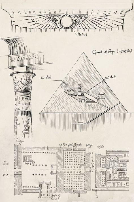 Ancient Egypt Architecture, Egyptian Crafts, Ancient Egypt Pyramids, Egyptian Drawings, History Of Architecture, Architecture Journal, Ancient Egyptian Architecture, Art Deco Design Graphics, Sketch Architecture