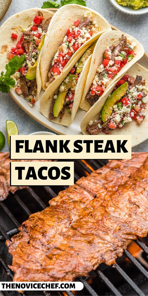 These 10-minute flank steak tacos are a juicy, flavor-packed dinner. Served with your favorite toppings, they're an easy meal even if you haven't gone to the grocery store in a while. Best Flank Steak, Steak Toppings, Steak Taco Recipe, Steak Taco, Flank Steak Tacos, London Broil Recipes, Easy Taco Recipes, Sliced Avocado, Flank Steak Recipes