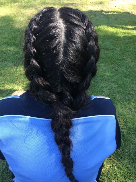 Two Dutch Braids into One Braid Two Dutch Braids Into One Braid, 2 Dutch Braids Into A Ponytail, 2 Braids Into 1, Two Braids Into One, Dutch Braid Curly Hair, Dutch Braid Into Ponytail, Single Dutch Braid, Braids Edges, Athletic Hair