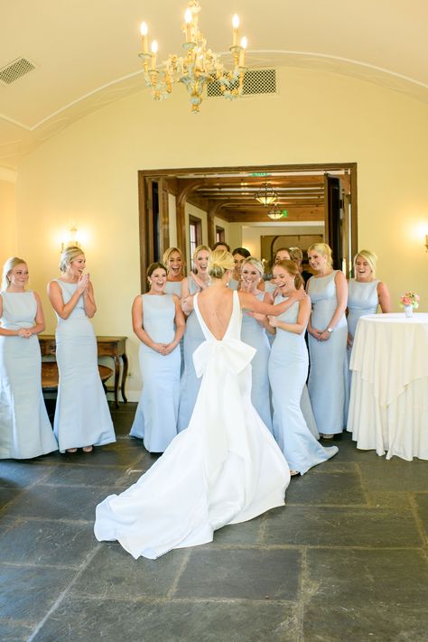 Plunging v-neck princess seam trumpet gown of mikado with a v-back accented with a bow from Blue Willow by Anne Barge Photography by Heather Durman Photography Mikado Bridesmaid Dress, Wedding No Bouquet, Classy Blue Bridesmaid Dresses, French Blue Bridal Party, Spring Wedding Gown, Blue And White Wedding Bridesmaids, Preppy Bridesmaid Dress, White And Blue Bridesmaid Dresses, Light Blue Aesthetic Wedding