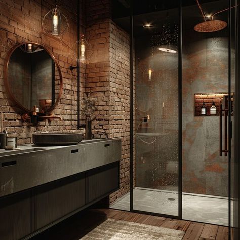 Modern rustic bathroom with exposed brick walls, glass shower enclosure, stylish basin, and wooden accents for a luxurious and inviting feel. Glass Brick Bathroom Shower Designs, Exposed Brick Shower Wall, Exposed Brick In Bathroom, Brick Shower Ideas, Glass Block Bathroom, Exposed Brick Bathroom, Attic Ensuite, Modern Rustic Bathroom, Rustic Bathroom Design