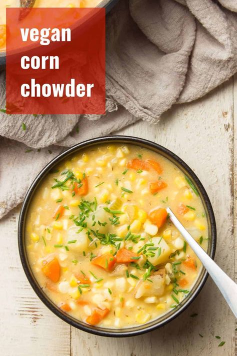 This vegan corn chowder is creamy, delicious, and oh so comforting. Loaded with veggies, potatoes, and sweet summer corn in a creamy coconut base, it's easy to make and hard to resist! #veganrecipes #vegansoup #cornchowder Coconut Milk Substitute, Vegan Corn Chowder, Potato Corn Chowder, Corn Chowder Recipe, Corn Soup, Vegan Potato, Summer Corn, Chickpea Curry, Vegan Soups