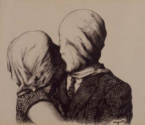 Rene Magritte's Duo (1928), brush and India ink on paper Magritte The Lovers, Rene Magritte The Lovers, René Magritte, Virtual Art, Rene Magritte, Fabric Postcards, Graffiti Drawing, The Lovers, India Ink