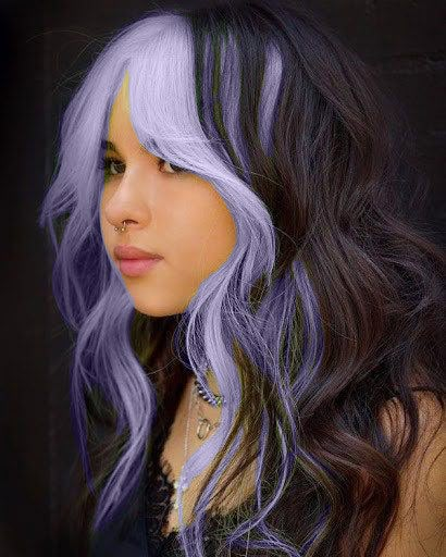 Funky Hair Color Ideas For Dark Hair, Two Toned Hair Color Ideas For Brunettes, Beetle Juice Hair Color, Cool Money Piece Hair, Cute Colors For Hair, Popular Hair Dye Styles, Vivid Color Money Piece Hair, Dark Brown And Colored Hair, Hair Styles With Colored Hair