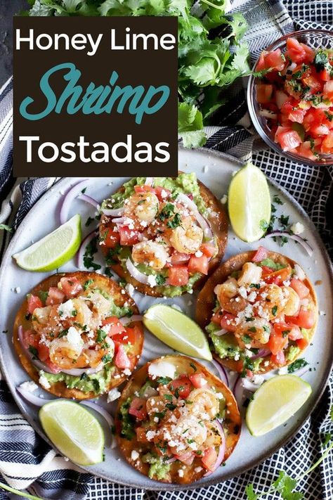 Honey Lime Shrimp and Guacamole Tostadas are my new crunchy, tangy go-to for a party, or for any ol’ weeknight when I want to add a little flair to the menu. They are loaded with guacamole, my favorite shrimp, pico de gallo, red onion slices, and queso fresco. It’s an easy meal that can be made in less than 30 minutes! | cakenknife.com #easydinnerideas #honeylimeshrimp #seafoodrecipes #mexicanrecipe #30minutedinner Guacamole Tostadas, Shrimp Tostada, Shrimp Guacamole, Guy Food, Lake Recipes, Shrimp Tostadas, Honey Lime Shrimp, Cinco De Mayo Party Ideas, Tostada Recipes