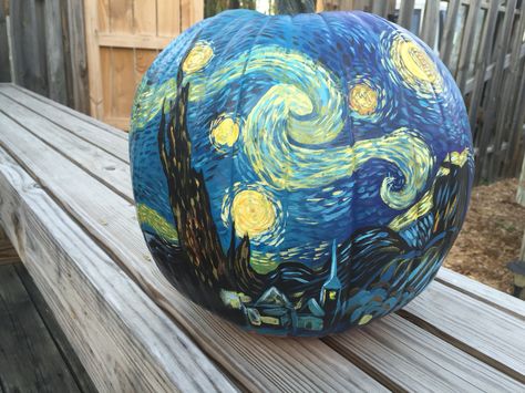 My "The Starry Night" painted pumpkin Pumpkin Painting Starry Night, Detailed Painted Pumpkin, Van Gogh Pumpkin Painting, Starry Night Pumpkin Painting, Intricate Pumpkin Painting, Detailed Pumpkin Painting, Van Gogh Pumpkin, Pumpkin Painting Ideas Aesthetic, Starry Night Pumpkin