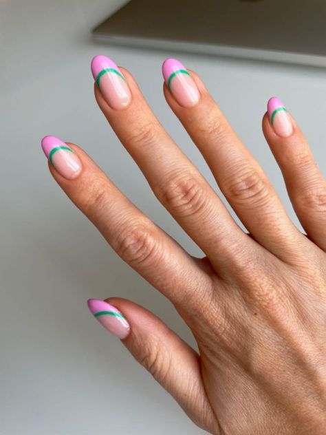 Pink and Green Nails 18 Ideas: A Playful and Chic Combination Pink Nails Green Tips, Pink Nails With Green Tips, Dark Green And Pink Nails, Pink And Green Nail Ideas, Pink And Green Nails Acrylic, Green And Pink Nails Designs, Pink And Green Nail Art, Pink And Green Nails Design, Green Pink Nails