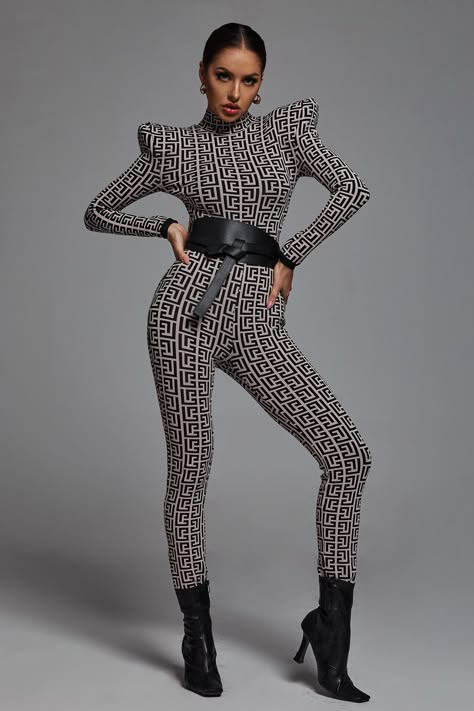 Designed from a geometric pattern fabrication, this set is bold and fun, perfect for your next event! Pose Women, Disco Shoes, Cheap Club Dresses, Bandage Jumpsuits, Bodycon Outfits, Fashion Outfits Women, Belt Jumpsuit, Jumpsuit Elegant, Marvelous Designer