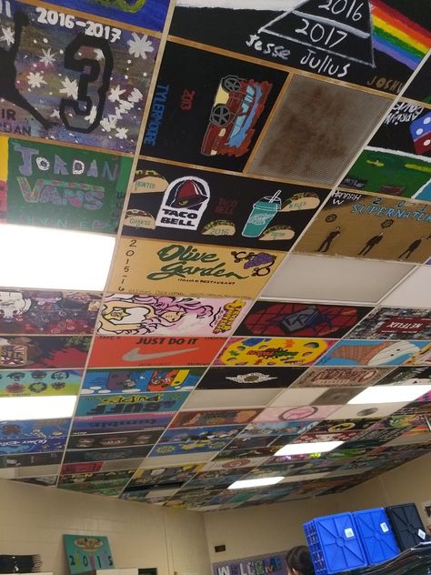 Ceiling Tiles Ideas School, Classroom Ceiling Tile Art, Senior Tile Ideas Ceilings, Senior Ceiling Tile Ideas Art, Painting Ceiling Tiles School Ideas, Senior Ceiling Tiles, Posters On Ceiling, Painted Ceiling Ideas Bedroom, Ceiling Tile Painting Ideas School