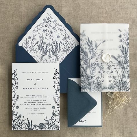 Navy Blue Invitations Wedding, Winter Wonderland Wedding Theme, Vellum Wrap, Boda Ideas, Blue Wedding Invitation, 2nd Wedding, Envelope Printing, Navy Blue Wedding Invitations, English Summer