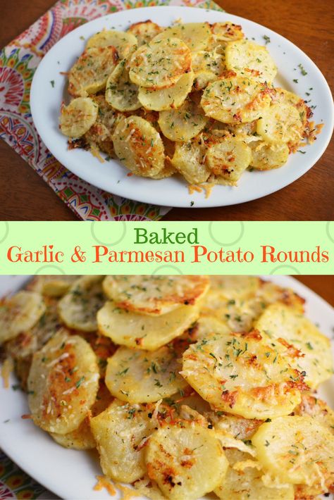 Baked Garlic and Parmesan Potato Rounds Crispy Potato Rounds, Potato Circles Baked, Potato Rounds Baked, Potato Rounds, Golden Potato Recipes, Potato Pasta, Parmesan Potatoes, Baked Garlic, Baked Fries