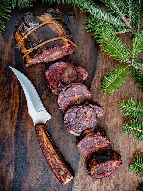 SMOKED VENISON NECK HOLDAY HAM Wild Game Recipes Deer, Hunting Recipes, Smoked Venison, Recipes For Dogs, Venison Roast, Charcuterie Meats, Ground Venison, Turkey Ham, Holiday Ham