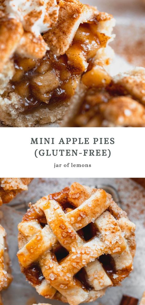 Two images of mini apple pies. Fall Desserts Gluten Free, Gluten Free Desserts Thanksgiving, Gluten Free Halloween Food, Dairy Free Thanksgiving, Jar Of Lemons, Gluten Free Apple Pie, Mini Pie Recipes, Gluten Free Halloween, Gluten Free Thanksgiving Recipes