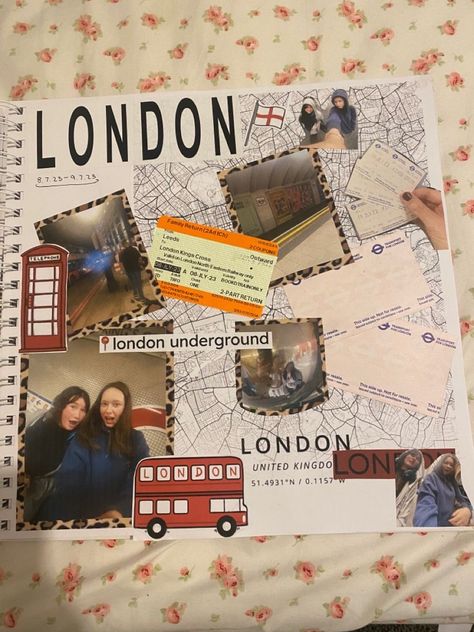 Alternative Scrapbook Ideas, Scrapbook Ideas London, London Journal Travel Scrapbook, London Journal Ideas, University Scrapbook Ideas, Simple Aesthetic Scrapbook Ideas, Scrapbook Ideas With Friends, Year Book Ideas Creative, London Scrapbook Ideas