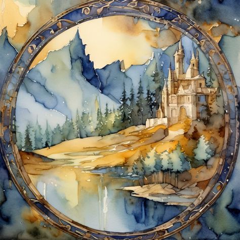 European Drawing, Zelda Painting, Watercolor Fantasy Art, Castle Inspiration, Watercolor Castle, Scenery Illustration, Round Background, Castle Illustration, Illustration Picture