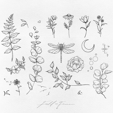 Boho Filler Tattoo, Pretty Filler Tattoos, Botanical Gap Filler Tattoo, Nature Tattoo Filler Ideas, Sticker Sleeve Filler, Filler Tattoo Ideas Gap Nature, Small Space Filler Tattoo, Small Gap Filler Tattoo Ideas, Fine Line Filler Tattoo