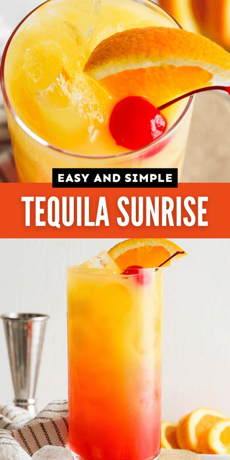 Tequila Sunrise is a classic tequila cocktail made with orange juice, tequila, grenadine, and a splash of lime juice. Easy and beautiful! Drinks With Orange Juice, Rum Sangria, Tequila Sunrise Drink, Tequila Orange Juice, Tequila Sunrise Recipe, Sunrise Drink, Grenadine Cocktail, Bread Breakfast Ideas, Grenadine Syrup